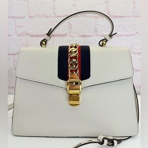 Gucci Sylvie Top Handle Web Chain White Leather Bag Medium